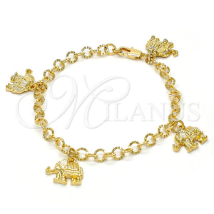Pulsera de Dije 03.63.1791.07 Oro Laminado, Diseño de Elefante, Diamantado, Tono Dorado (05 MM Thickness, 7 Inches Length)