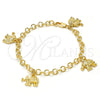 Pulsera de Dije 03.63.1791.07 Oro Laminado, Diseño de Elefante, Diamantado, Tono Dorado (05 MM Thickness, 7 Inches Length)
