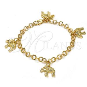 Pulsera de Dije 03.63.1794.07 Oro Laminado, Diseño de Elefante, con Blanca Cristal, Diamantado, Tono Dorado (05 MM Thickness, 7 Inches Length)
