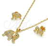 Juego de Arete y Dije de Adulto 10.199.0076.2 Oro Laminado, Diseño de Elefante, con Micro Pave Rubi y Blanca, Pulido, Tono Dorado