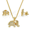 Juego de Arete y Dije de Adulto 10.199.0076.2 Oro Laminado, Diseño de Elefante, con Micro Pave Rubi y Blanca, Pulido, Tono Dorado