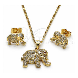 Juego de Arete y Dije de Adulto 10.199.0076.2 Oro Laminado, Diseño de Elefante, con Micro Pave Rubi y Blanca, Pulido, Tono Dorado
