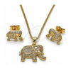 Juego de Arete y Dije de Adulto 10.199.0076.2 Oro Laminado, Diseño de Elefante, con Micro Pave Rubi y Blanca, Pulido, Tono Dorado