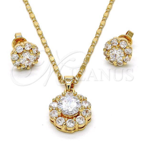 Juego de Arete y Dije de Adulto 10.199.0086 Oro Laminado, Diseño de Flor, con Blanca Zirconia Cubica, Pulido, Tono Dorado