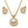 Juego de Arete y Dije de Adulto 10.199.0086 Oro Laminado, Diseño de Flor, con Blanca Zirconia Cubica, Pulido, Tono Dorado