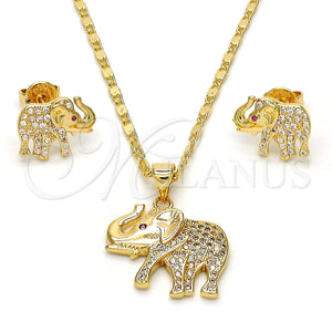 Juego de Arete y Dije de Adulto 10.199.0079 Oro Laminado, Diseño de Elefante, con Blanca and Rubi Micro Pave, Pulido, Tono Dorado