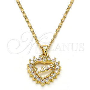 Collares con Dije 04.156.0047.20 Oro Laminado, Diseño de Corazón y Amor, con Blanca Micro Pave, Pulido, Tono Dorado (02 MM Thickness, 20 Inches Length)