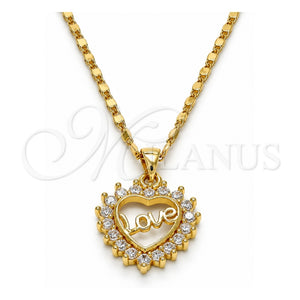Collares con Dije 04.156.0047.20 Oro Laminado, Diseño de Corazón y Amor, con Blanca Micro Pave, Pulido, Tono Dorado (02 MM Thickness, 20 Inches Length)
