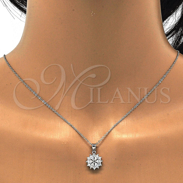 Juego de Arete y Dije de Adulto 10.174.0026 Plata Rodinada, Diseño de Flor, con Zirconia Cubica Blanca, Pulido, Rodinado
