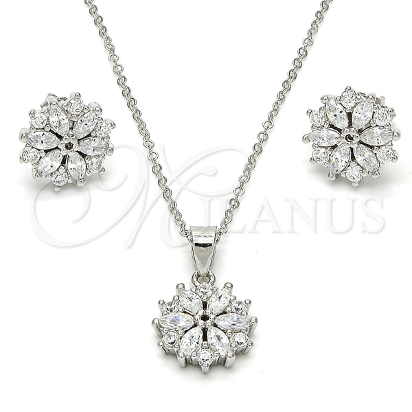 Juego de Arete y Dije de Adulto 10.174.0026 Plata Rodinada, Diseño de Flor, con Zirconia Cubica Blanca, Pulido, Rodinado