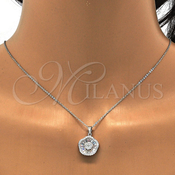 Juego de Arete y Dije de Adulto 10.174.0229 Plata Rodinada, Diseño de Flor, con Zirconia Cubica Blanca y Cristal Blanca, Pulido, Rodinado