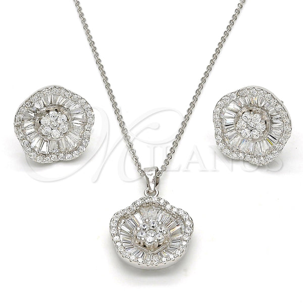 Juego de Arete y Dije de Adulto 10.174.0229 Plata Rodinada, Diseño de Flor, con Zirconia Cubica Blanca y Cristal Blanca, Pulido, Rodinado