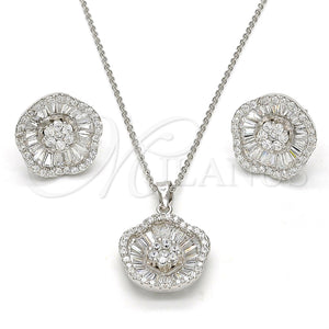Juego de Arete y Dije de Adulto 10.174.0229 Plata Rodinada, Diseño de Flor, con Zirconia Cubica Blanca y Cristal Blanca, Pulido, Rodinado