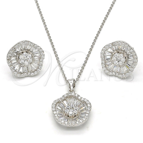 Juego de Arete y Dije de Adulto 10.174.0229 Plata Rodinada, Diseño de Flor, con Zirconia Cubica Blanca y Cristal Blanca, Pulido, Rodinado