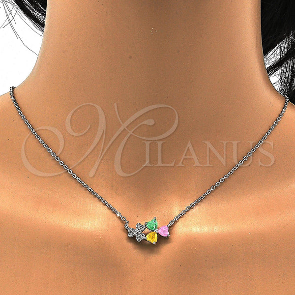 Collares con Dije 04.213.0034.3.16 Rodio Laminado, Diseño de Corazón, con Zirconia Cubica Multicolor, Pulido, Rodinado (Grosor 01 MM, 16 Pulgadas de Largo)