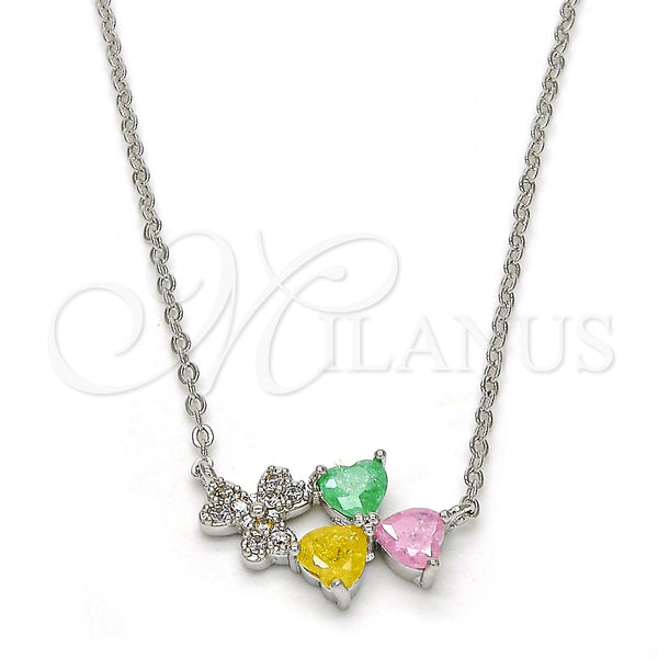 Collares con Dije 04.213.0034.3.16 Rodio Laminado, Diseño de Corazón, con Multicolor Zirconia Cubica, Pulido, Rodinado (01 MM Thickness, 16 Inches Length)