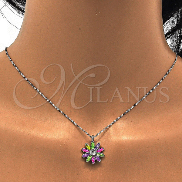 Collares con Dije 04.213.0040.16 Rodio Laminado, Diseño de Flor, con Cristal Blanca, Esmaltado Multicolor, Rodinado (Grosor 01 MM, 16 Pulgadas de Largo)