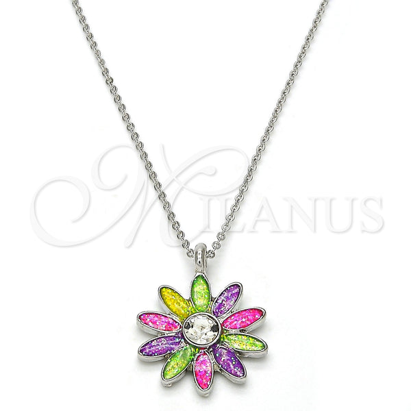 Collares con Dije 04.213.0040.16 Rodio Laminado, Diseño de Flor, con Cristal Blanca, Esmaltado Multicolor, Rodinado (Grosor 01 MM, 16 Pulgadas de Largo)