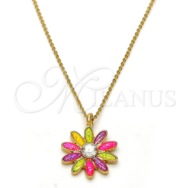 Collares con Dije 04.213.0040.1.16 Oro Laminado, Diseño de Flor, con Blanca Cristal, Esmaltado Multicolor, Tono Dorado (01 MM Thickness, 16 Inches Length)
