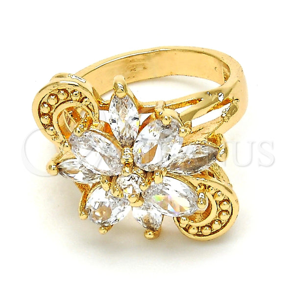 Anillo Multi Piedra 01.210.0055.07 Oro Laminado, Diseño de Flor, con Blanca Zirconia Cubica, Pulido, Tono Dorado (Size 7)