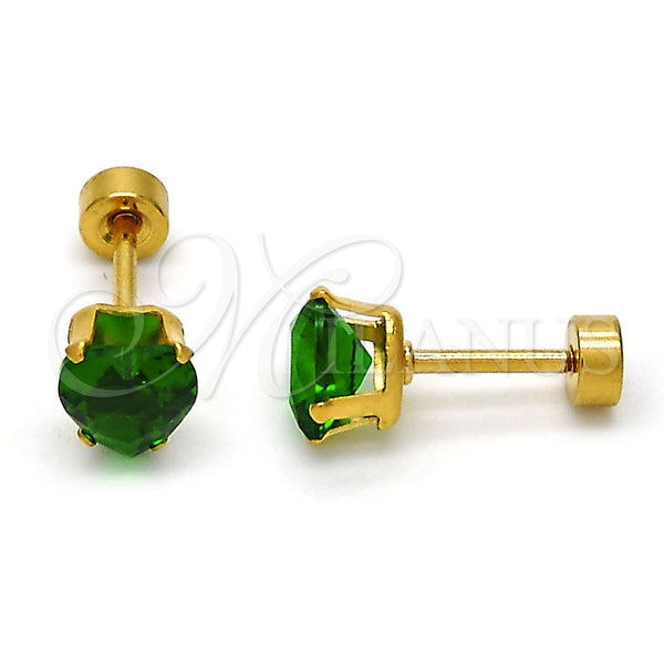Arete Dormilona 02.271.0009.2 Acero Inoxidable, Diseño de Corazón, con Verde Zirconia Cubica, Pulido, Tono Dorado