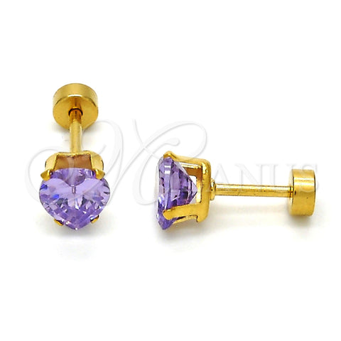 Arete Dormilona 02.271.0009.3 Acero Inoxidable, Diseño de Corazón, con Violeta Zirconia Cubica, Pulido, Tono Dorado