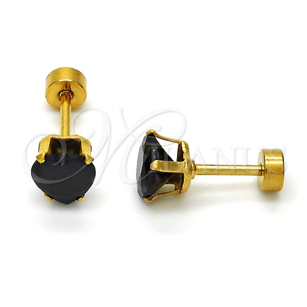 Arete Dormilona 02.271.0009.4 Acero Inoxidable, Diseño de Corazón, con Negro Zirconia Cubica, Pulido, Tono Dorado