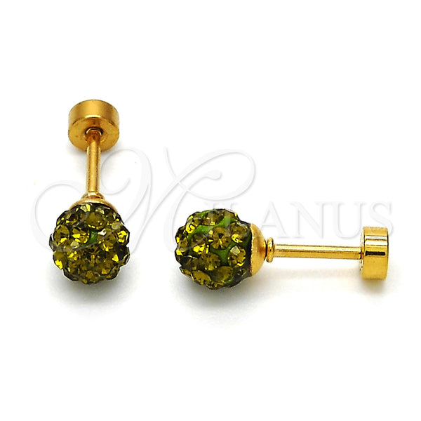 Arete Dormilona 02.271.0010.5 Acero Inoxidable, Diseño de Bola, con Peridoto Oscuro Cristal, Pulido, Tono Dorado