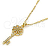 Collares con Dije 04.156.0066.20 Oro Laminado, Diseño de Llave y Flor, con Micro Pave Blanca, Pulido, Tono Dorado (Grosor 02 MM, 20 Pulgadas de Largo)