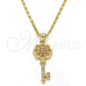 Collares con Dije 04.156.0066.20 Oro Laminado, Diseño de Llave y Flor, con Blanca Micro Pave, Pulido, Tono Dorado (02 MM Thickness, 20 Inches Length)