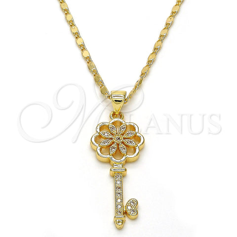 Collares con Dije 04.156.0066.20 Oro Laminado, Diseño de Llave y Flor, con Blanca Micro Pave, Pulido, Tono Dorado (02 MM Thickness, 20 Inches Length)