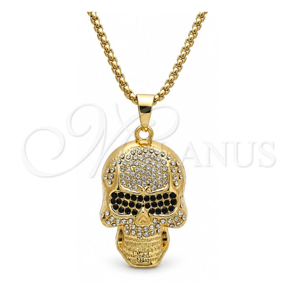 Collares con Dije 04.242.0076.30 Oro Laminado, Diseño de Calavera, con Blanca and Negro Cristal, Pulido, Tono Dorado (03 MM Thickness, 30 Inches Length)
