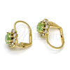 Arete Gancho Frances 02.122.0085.5 Oro Laminado, Diseño de Flor, con Verde Claro and Blanca Cristal, Pulido, Tono Dorado