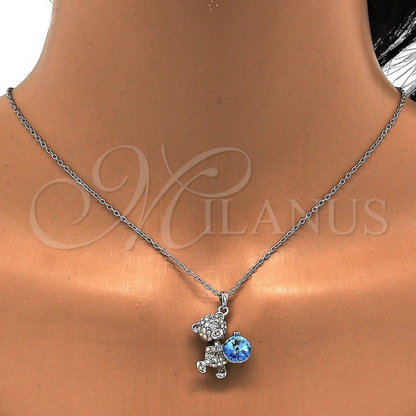 Collares con Dije 04.239.0041.9.18 Rodio Laminado, Diseño de Osito, con Swarovski Elements Aquamarine y Aurore Boreale, Pulido, Rodinado (Grosor 01 MM, 18 Pulgadas de Largo)