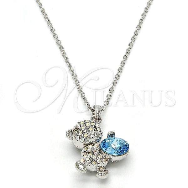 Collares con Dije 04.239.0041.9.18 Rodio Laminado, Diseño de Osito, con Swarovski Elements Aquamarine y Aurore Boreale, Pulido, Rodinado (Grosor 01 MM, 18 Pulgadas de Largo)