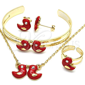 Juego de Arete y Dije de Nino 06.65.0119 Oro Laminado, con Blanca Cristal, Esmaltado Rojo, Tono Dorado