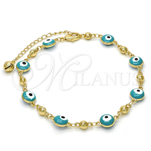 Tobillera Elegante 03.213.0019.2.10 Oro Laminado, Diseño de Ojo Griego y Cascavel, Esmaltado Verde, Tono Dorado (08 MM Thickness, 10 Inches Length)