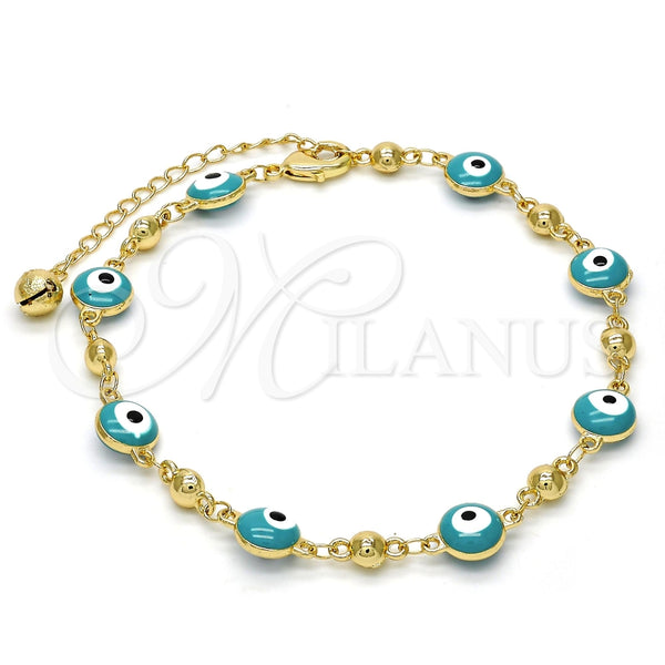 Tobillera Elegante 03.213.0019.2.10 Oro Laminado, Diseño de Ojo Griego y Cascavel, Esmaltado Verde, Tono Dorado (08 MM Thickness, 10 Inches Length)