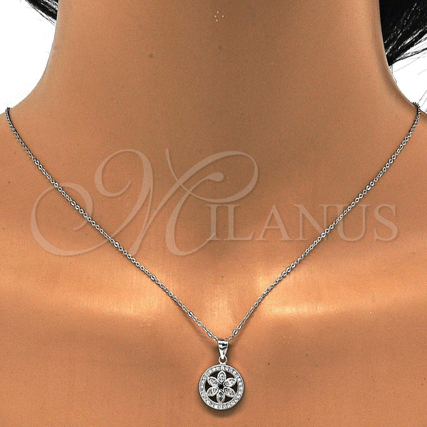 Juego de Arete y Dije de Adulto 10.174.0239 Plata Rodinada, Diseño de Flor, con Micro Pave Blanca y Zirconia Cubica Blanca, Pulido, Rodinado