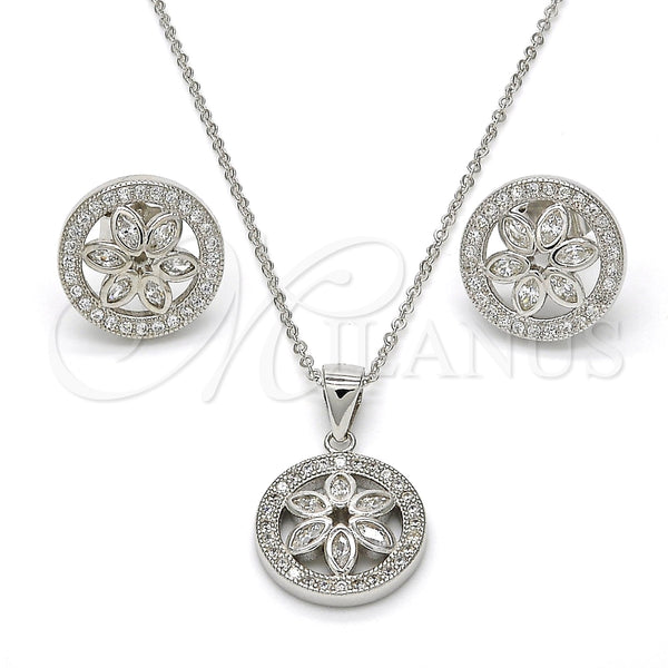 Juego de Arete y Dije de Adulto 10.174.0239 Plata Rodinada, Diseño de Flor, con Micro Pave Blanca y Zirconia Cubica Blanca, Pulido, Rodinado