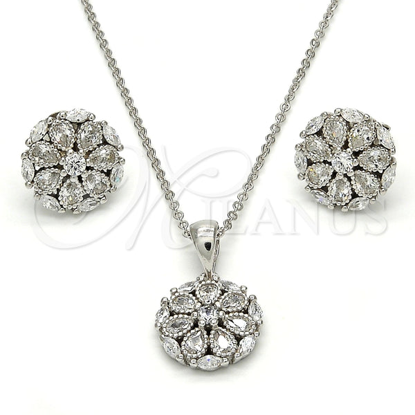 Juego de Arete y Dije de Adulto 10.175.0018 Plata Rodinada, Diseño de Flor, con Zirconia Cubica Blanca, Pulido, Rodinado