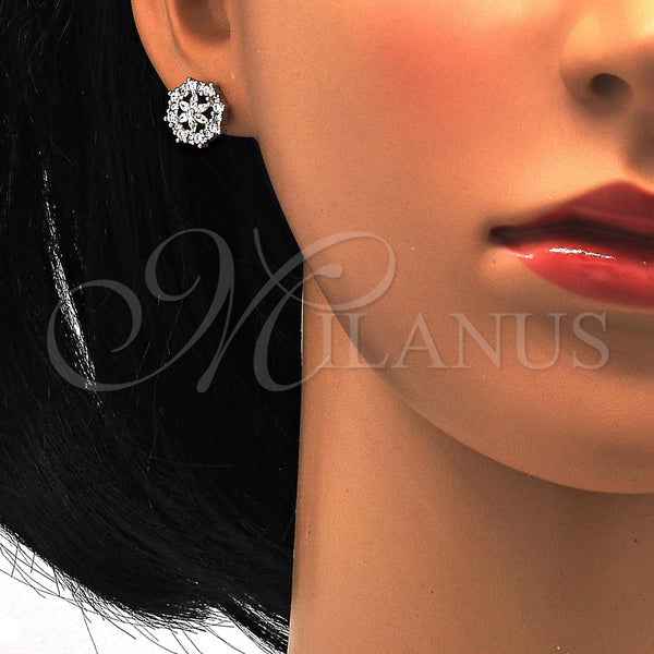 Juego de Arete y Dije de Adulto 10.175.0020 Plata Rodinada, Diseño de Flor, con Zirconia Cubica Blanca, Pulido, Rodinado