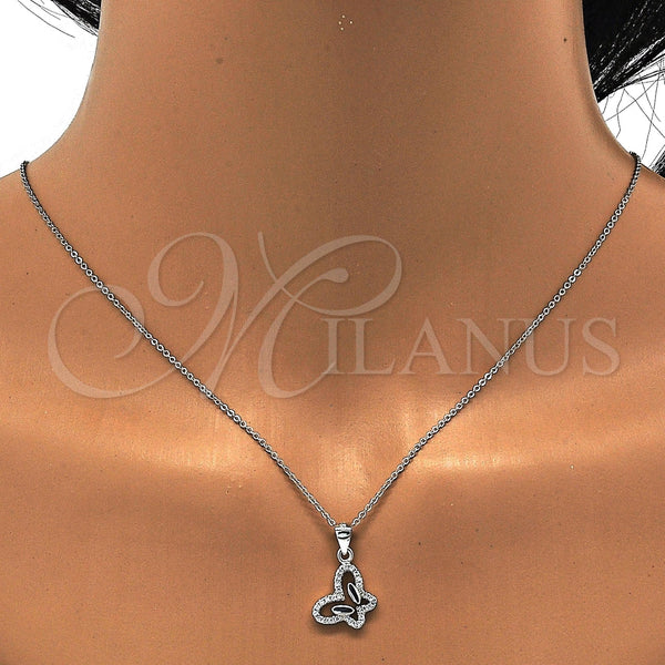 Juego de Arete y Dije de Adulto 10.285.0007 Plata Rodinada, Diseño de Delfín, con Zirconia Cubica Blanca, Pulido, Rodinado