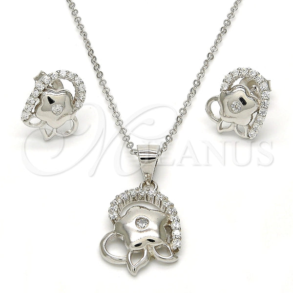 Juego de Arete y Dije de Adulto 10.285.0009 Plata Rodinada, Diseño de Flor, con Zirconia Cubica Blanca, Pulido, Rodinado