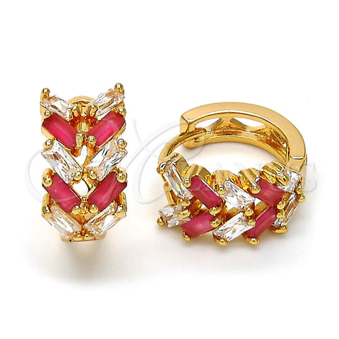 Argolla Huggie 02.267.0007.2.15 Oro Laminado, Diseño de Oja y Baguette, con Rubi and Blanca Zirconia Cubica, Pulido, Tono Dorado