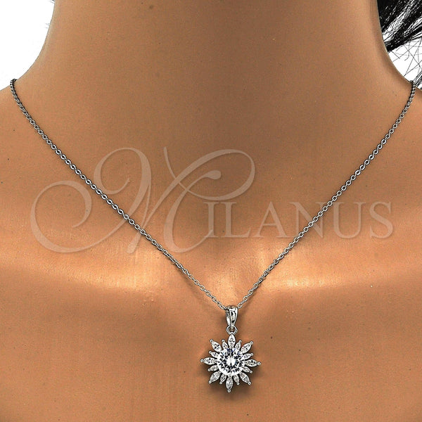 Juego de Arete y Dije de Adulto 10.286.0006 Plata Rodinada, Diseño de Flor, con Zirconia Cubica Blanca, Pulido, Rodinado