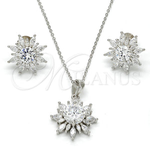 Juego de Arete y Dije de Adulto 10.286.0006 Plata Rodinada, Diseño de Flor, con Zirconia Cubica Blanca, Pulido, Rodinado