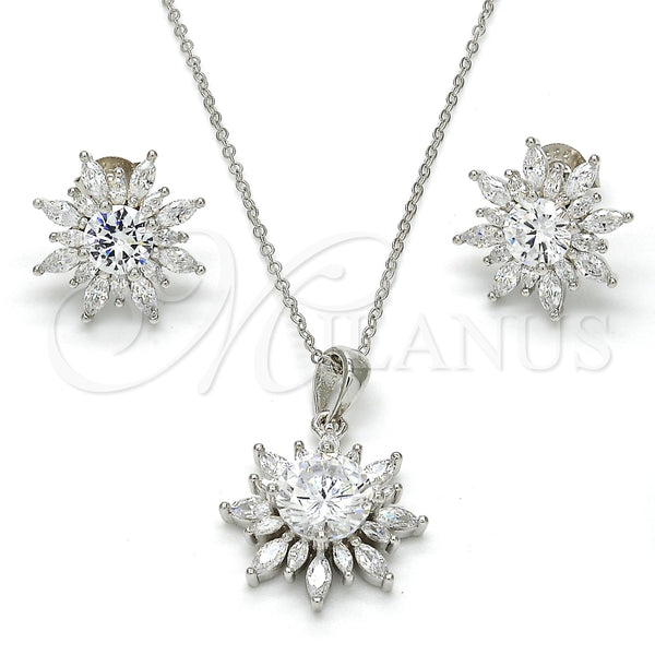 Juego de Arete y Dije de Adulto 10.286.0006 Plata Rodinada, Diseño de Flor, con Zirconia Cubica Blanca, Pulido, Rodinado