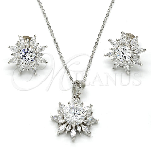 Juego de Arete y Dije de Adulto 10.286.0006 Plata Rodinada, Diseño de Flor, con Zirconia Cubica Blanca, Pulido, Rodinado