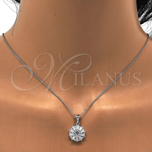 Juego de Arete y Dije de Adulto 10.286.0007 Plata Rodinada, Diseño de Flor, con Zirconia Cubica Blanca y Micro Pave Blanca, Pulido, Rodinado